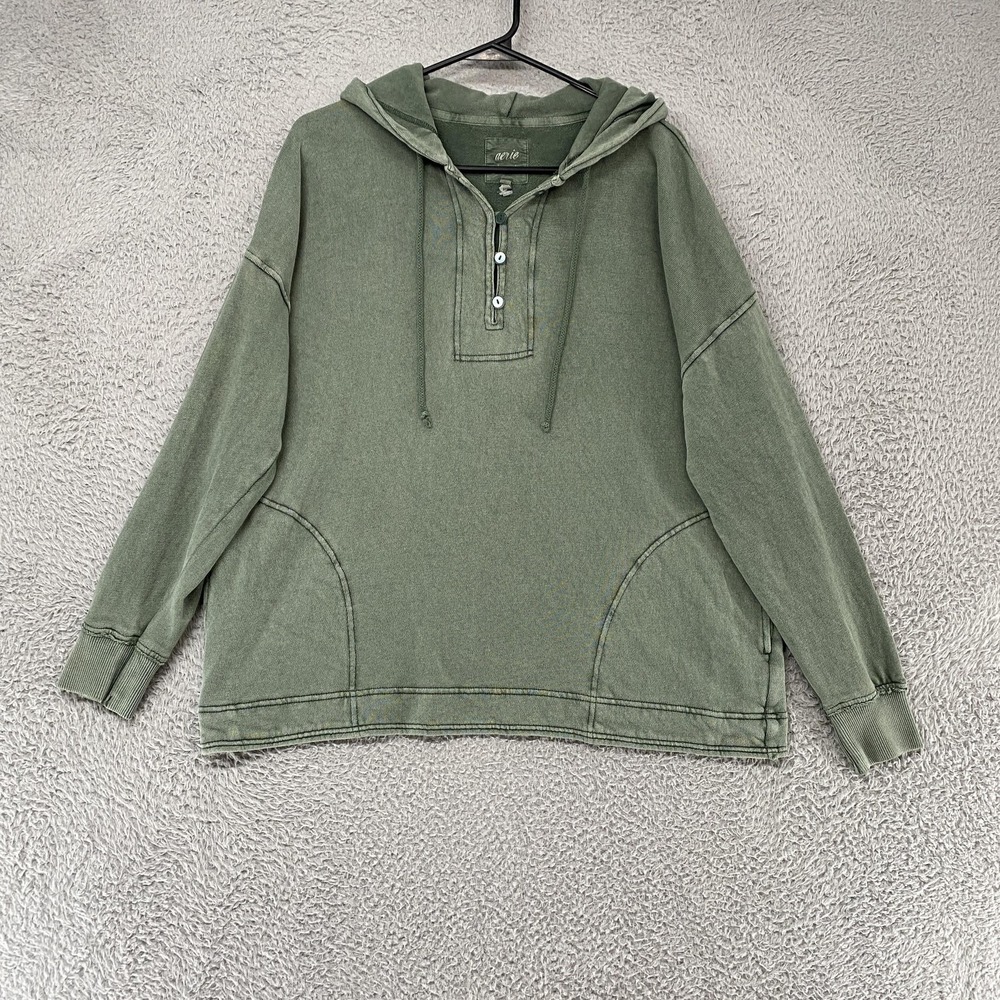 Aerie Henley Hoodie Womens XS Green‎ Terry Pullover Slouchy Relaxed Boxy Sweater